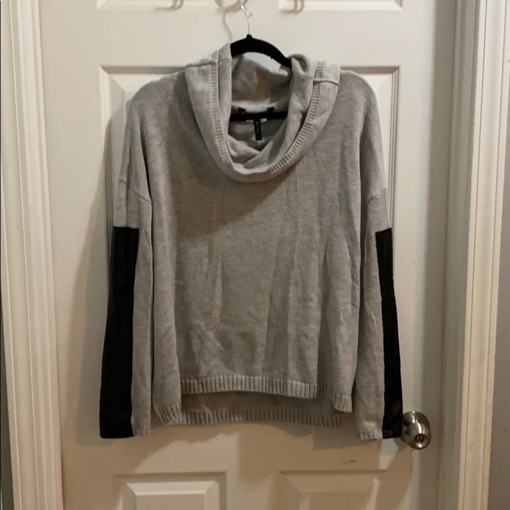 BCBG Gray cowl neck w/ black leather sleeves.